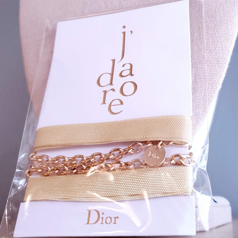 NWT Dior Choker Necklace Gold Logo Charm Ribbon Limited Dior Jadore